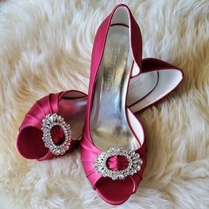 Lovely Crystal Accent Berry Satin SATC Heels